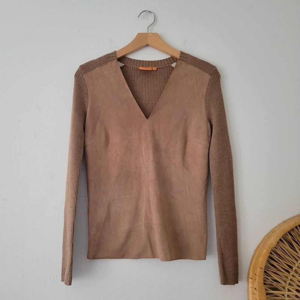 Tory Burch Wool and Suede Leather Sweater V-neck Small Brown - Picture 1 of 6
